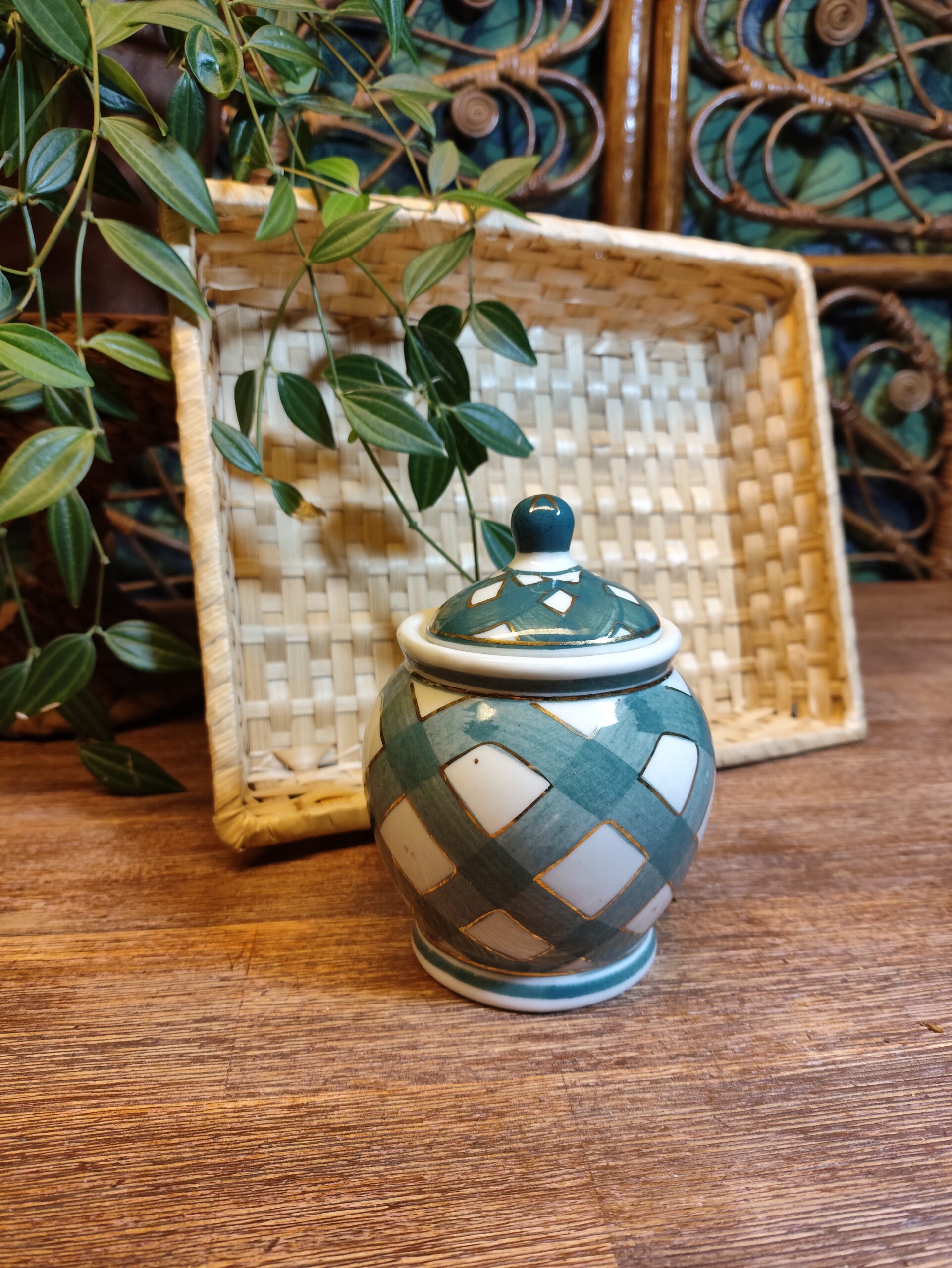 Pot à gingembre en céramique à couvercle vintage carreaux verts