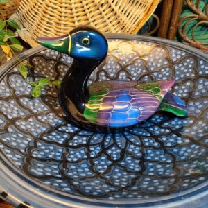 Canard Décoratif en Bois et Résine Bleu Vert et Violet
