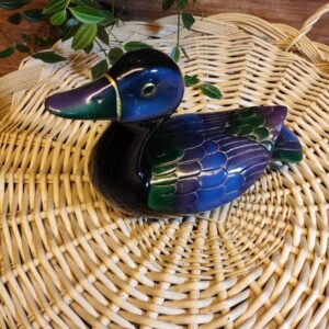 Canard Décoratif en Bois et Résine Bleu Vert et Violet