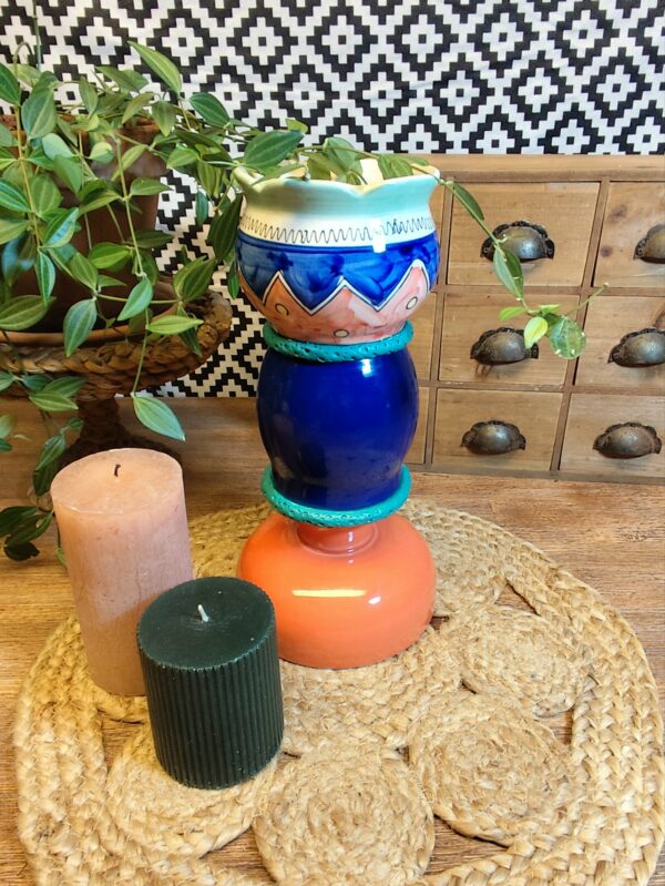 Bougeoir Bleu et Corail à Motifs – Image 3